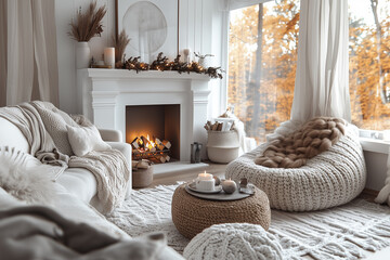 Przytulny salon w neutralnych, beżowych odcieniach, z kominkiem i dużym oknem, tworzący ciepłe, jesienne wnętrze sprzyjające relaksowi.