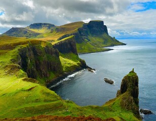 The Dramatic Cliffs and Rolling Green Hills of the Isle of Skye in Scotland, Offering Stunning Coastal Views, Rugged Landscapes, and a Haven for Nature Lovers and Photographers
