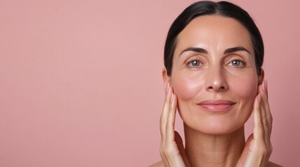 A woman gently touches her face, smiling against a soft pink background, showcasing a natural and radiant skincare look.