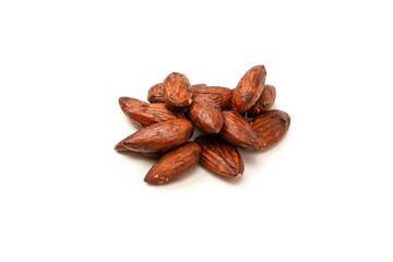 A group of caramelized almonds isolated on a white background.