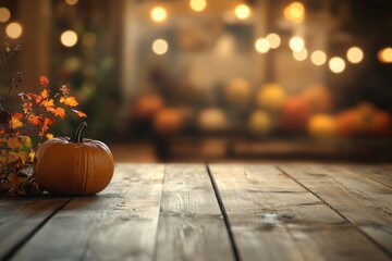 a wooden table topped with a pumpkin next to a plant
