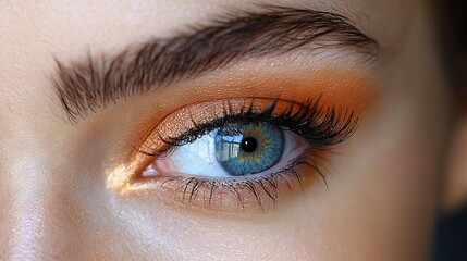 Obraz premium A person's eye with vibrant orange and blue eyeshadow on the left