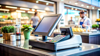 cash register and terminal in interior of cafe or restaurant checkout