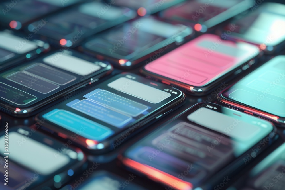 Poster several smartphones are arranged closely together, showcasing colorful stories and short videos that