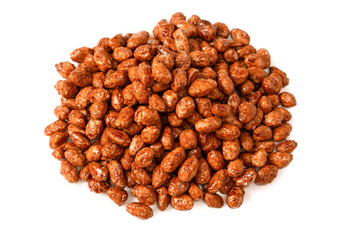 Tasty sweet roasted peanuts isolated on a white background.