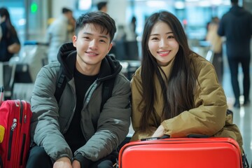 a man and a woman sitting next to each other with luggage