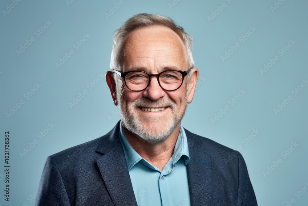 Wall mural Portrait of happy senior businessman with eyeglasses over blue background.