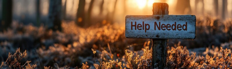 Sign that says help needed in the middle of a field