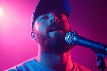 a man with a beard singing into a microphone