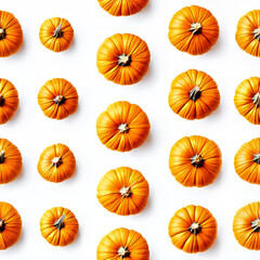 Seamless pattern of small orange pumpkins arranged on a white background, creating a festive and seasonal design.