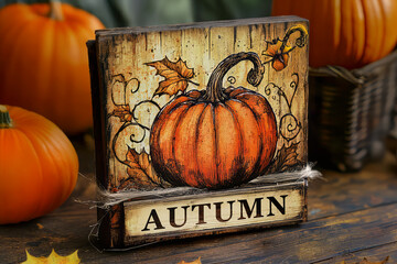 Rustic wooden sign with hand-drawn pumpkin and "Autumn" text. Autumn leaves and pumpkins in the background. Decorative fall theme. Still life photography.