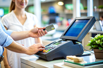 customer paying with card at  store checkout, shopping, Black Friday