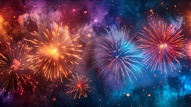 Gigantisches Feuerwerk zu Silvester in roten, blauen und orangen Farben, Feuerwerksk&ouml;rper werden gez&uuml;ndet und explodieren in einer Lichtershow