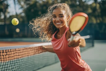 a woman hitting a tennis ball with a tennis racquet