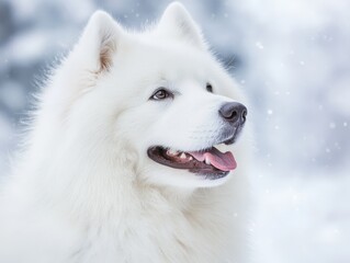 close-up portrait of a Samoyed dog with sparkling almond eyes, smiling with tongue hanging out. captured against a snowy winter backdrop. 