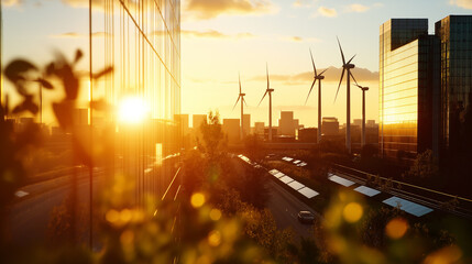A futuristic city powered entirely by renewable energy with towering wind turbines. Eco-friendly concept, harmony with nature.