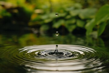 a close up of a water drop with green plants in the background