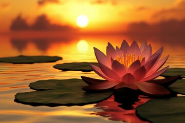 a pink water lily floating on top of a lake