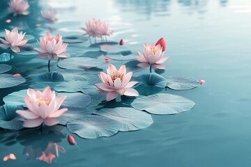 a group of pink water lilies floating on top of a lake