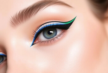 Obraz premium A detailed close-up of an eye showcasing a bold and creative winged eyeliner design in vibrant blue and green hues. Perfect for makeup inspiration and beauty trends.