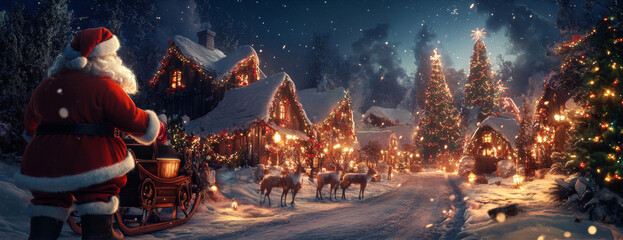 Santa Claus in a festive village preparing for Christmas surrounded by twinkling lights and snow-covered cottages at night. Wide web banner.
