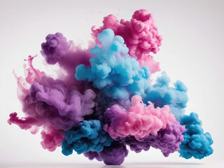 Fototapeta premium Acrylic color pigment and ink cloud in water. Abstract smoke on white background with copy space. Fancy dream cloud of ink underwater. Purple, blue,white and pink colors