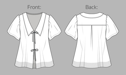Vector short sleeved top with gathering details fashion CAD, woman V neck blouse with bows technical drawing, template, mock up, sketch. Shirt with collar technical flat front, back view, white color