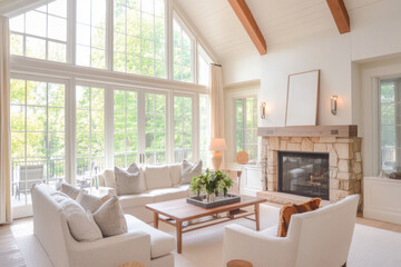 Bright and cozy living room with a fireplace and comfortable white furniture