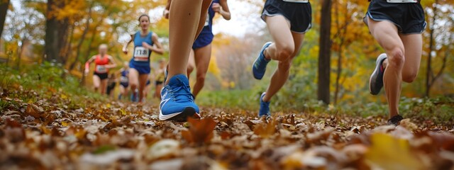 Close-up of people running in a cross-country race on an autumn day, with leaves on the ground and a blurred background showing other runners