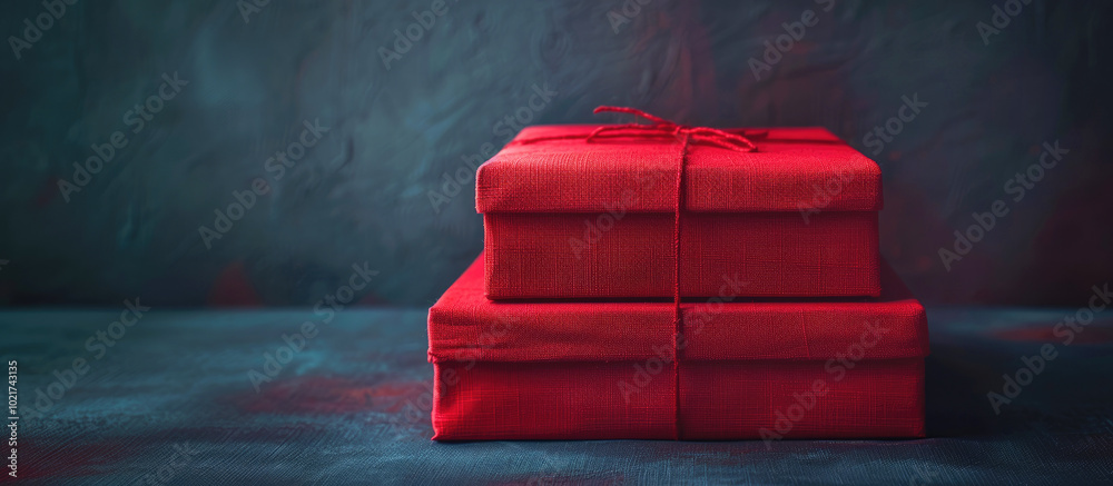 Wall mural two red gift boxes tied with twine, stacked on a dark textured surface against a blue backdrop.