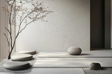 a white room with rocks and a tree