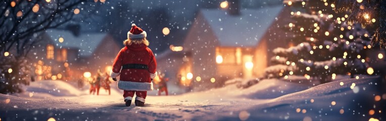 Naklejka premium A festive evening stroll by Santa Claus through a snowy village adorned with glowing lights during the holiday season. Wide web banner.