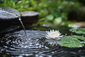a white water lily floating on top of a pond