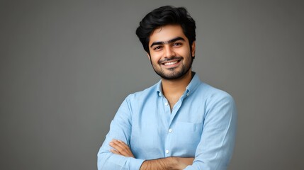 A portrait of an attractive young Indian man with wavy hair, smiling and standing confidently in front of a grey background, wearing a dark blue shirt