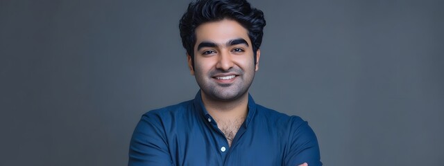 A portrait of an attractive young Indian man with wavy hair, smiling and standing confidently in front of a grey background, wearing a dark blue shirt