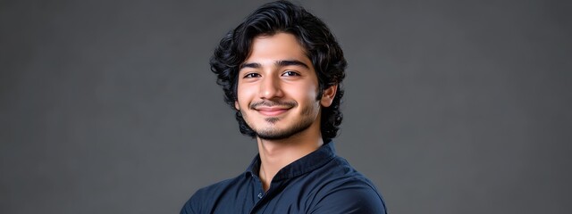A portrait of an attractive young Indian man with wavy hair, smiling and standing confidently in front of a grey background, wearing a dark blue shirt