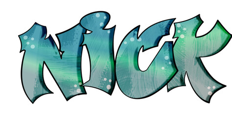 Nick - name street art - graffiti lettering typography - art illustration - multicolor - writen Word - blue and green		 