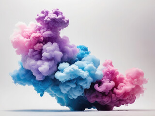 Fototapeta premium Acrylic color pigment and ink cloud in water. Abstract smoke on white background with copy space. Fancy dream cloud of ink underwater. Purple, blue,white and pink colors