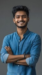 A portrait of an attractive young Indian man with wavy hair, smiling and standing confidently in front of a grey background, wearing a dark blue shirt