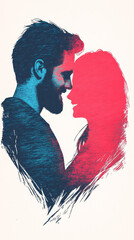 Fototapeta premium Silhouettes of a man and woman, in blue and pink, looking lovingly at each other.