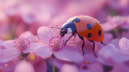Ladybug on a Pink Flower 3D Illustration