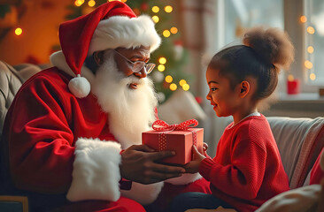 black skin Santa Clause give present to black skin child in Christmas decorated room background