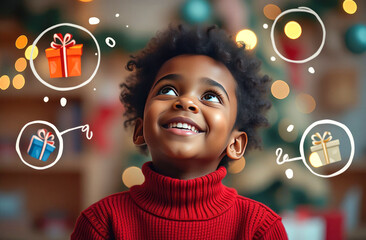 Little black boy dreaming about gifts from Santa, festive Christmas background with blurred garland lights