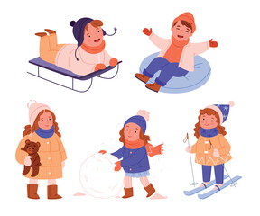 Set of children during winter fun.A boy on a sled.The girl is skiing.Boy on tubing.