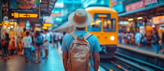 Obraz premium A man wearing a straw hat and a backpack is standing in front of a train. The train is yellow and is pulling into the station. There are many people around the train, some of them carrying backpacks