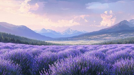 Obraz premium A stunning depiction of a field of vibrant lavender blooms surrounded by towering mountain ranges, their snow-capped peaks visible in the distance