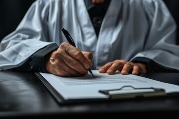 Close up shot of a male judge signing a legal document at his desk with a black background, symbolizing justice, authority, and the legal system.