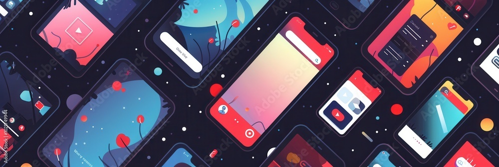 Poster multiple smartphone displays showcase engaging stories and short videos in a visually appealing digi