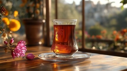 A glass of Turkish tea on a table in a cafe with a view of a garden.