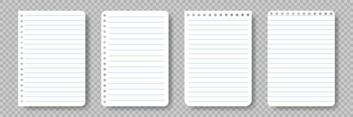Set of Lined Paper sheets from notepad. School sheet with lines. Realistic White sheet for notes. Notebook page for education. Blank notepaper with shadow isolated on transparent background